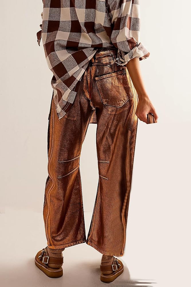 EZAPINE Women Loose Cropped Metallic Jeans Baggy Mid Rise